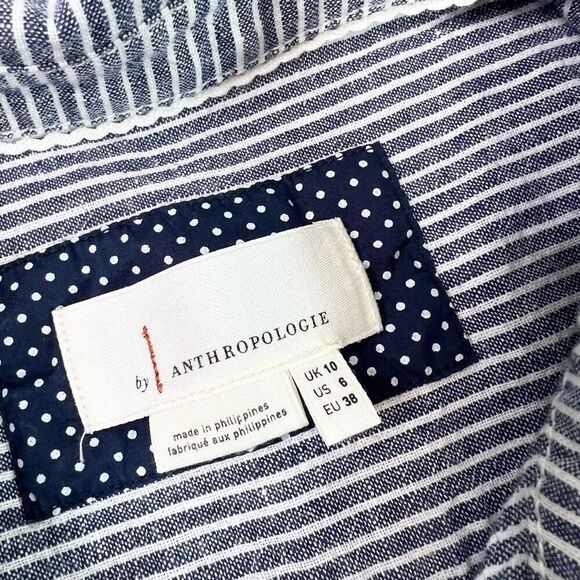 By Anthropologie Romper Womens 6 Blue Striped Linen Seersucker Front Tie Preppy - Picture 3 of 10